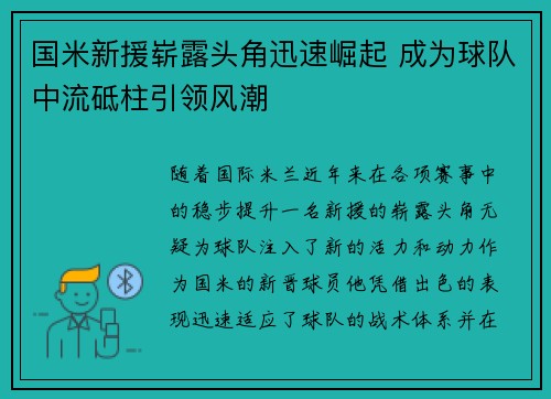 国米新援崭露头角迅速崛起 成为球队中流砥柱引领风潮